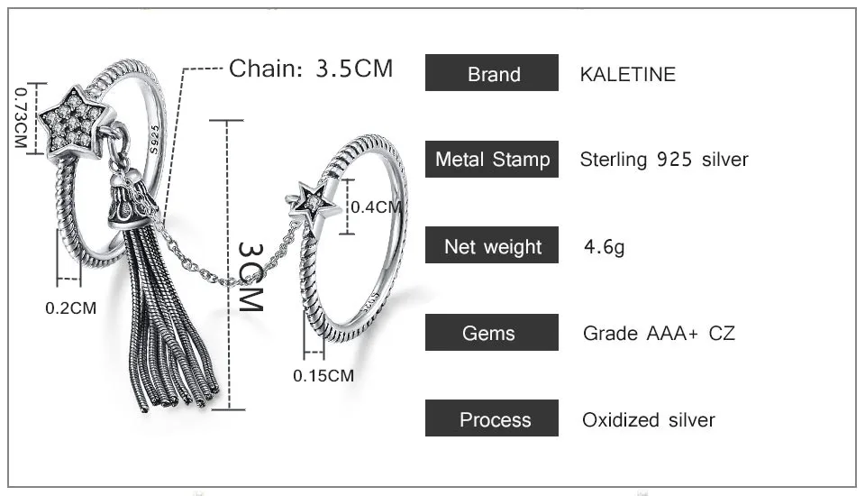Калетин кисточкой кольцо 925 пробы серебряные кольца для женщин Два кольцо с дизайном «звёзды» со звеньями Цепи Кристалл стек старинные богемные ювелирные изделия