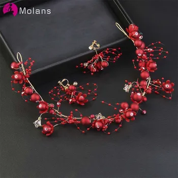 

MOLANS One Set Classical Red Pearls Floral for Bridal Wedding Accessories Handmade Alloy Headbands with Ear Rings Female Jewelry