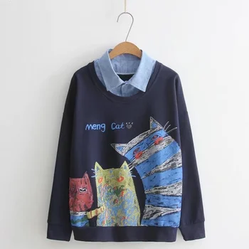 

Spring Autumn Patchwork Sweatshirts Women Harajuku Turn-down Collar Drop Shoulder Cat Print Hoodies Student Cute Pullover Tops