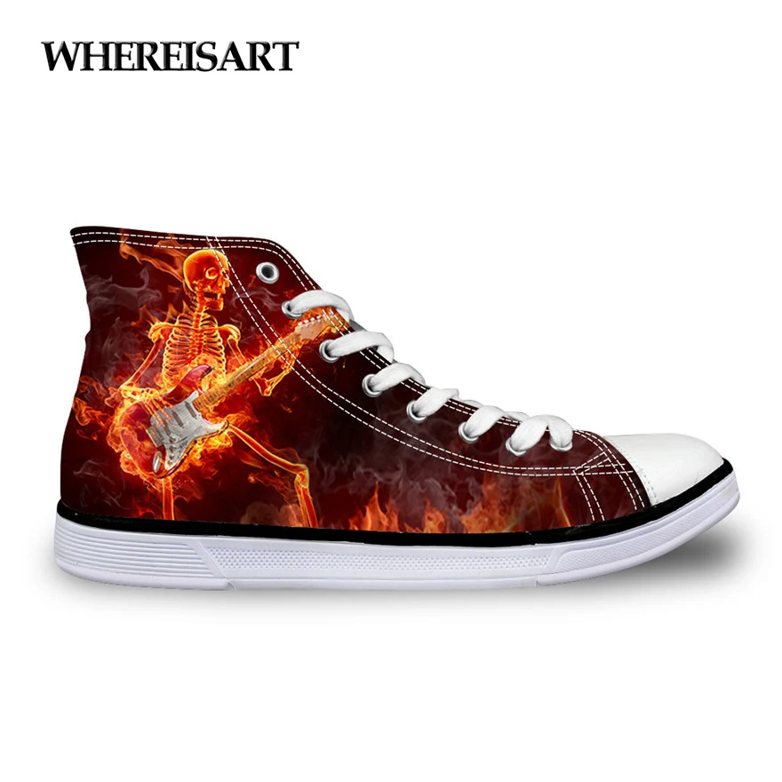 

WHEREISART Women Vulcanize Shoes Classic Female High Top Canvas Shoes Funny 3D Flame Punk Skull Printing Ladies Lacing Shoes