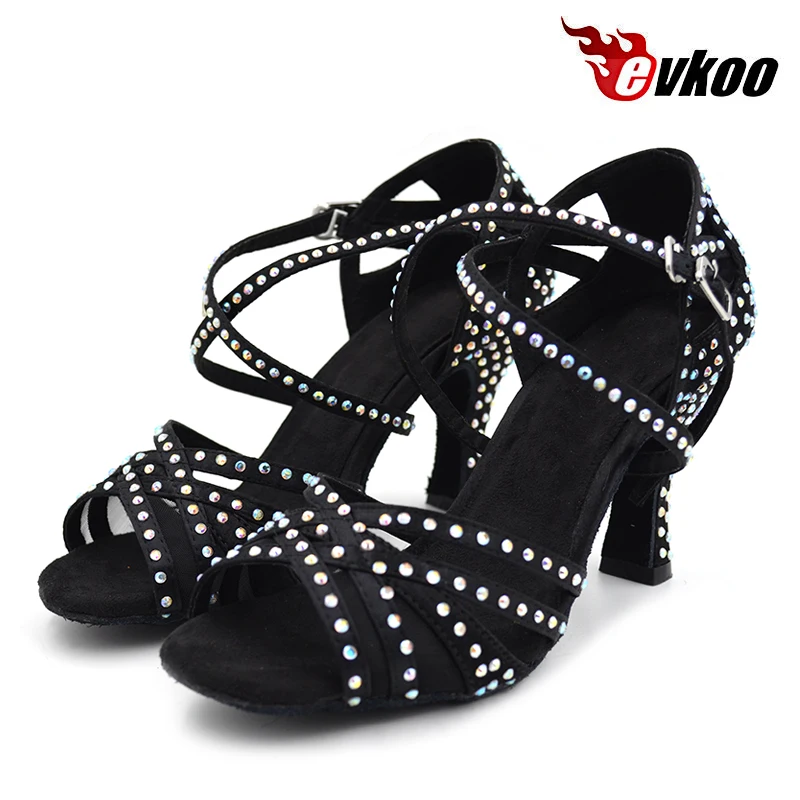 Evkoo танцы Professional Zapatos De Baile Latino Черный со стразами Высота каблука см 8 см для женщин костюмы для латинских танцев Salsa обувь Evkoo-412