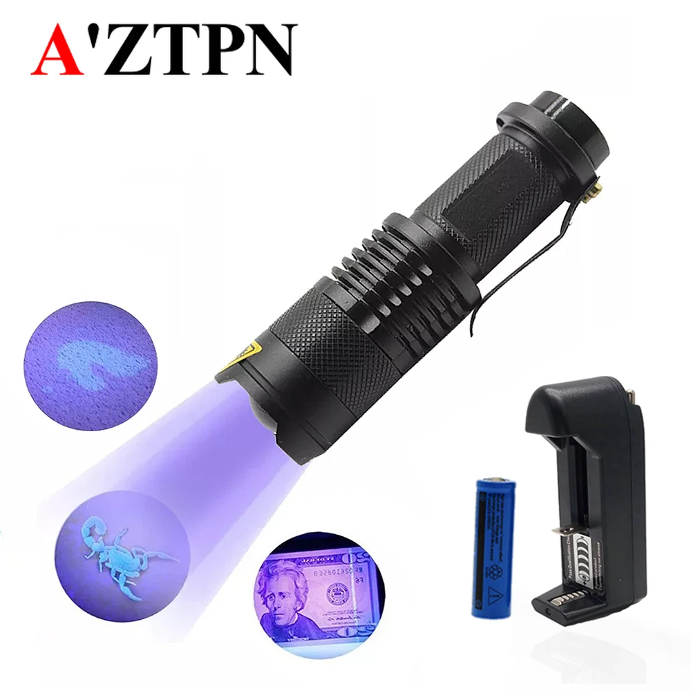 

UV Flashlight Violet Light with Zoom Function Mini UV Black Light Pet Urine Stains Detector Scorpion Use AA/14500 Battery