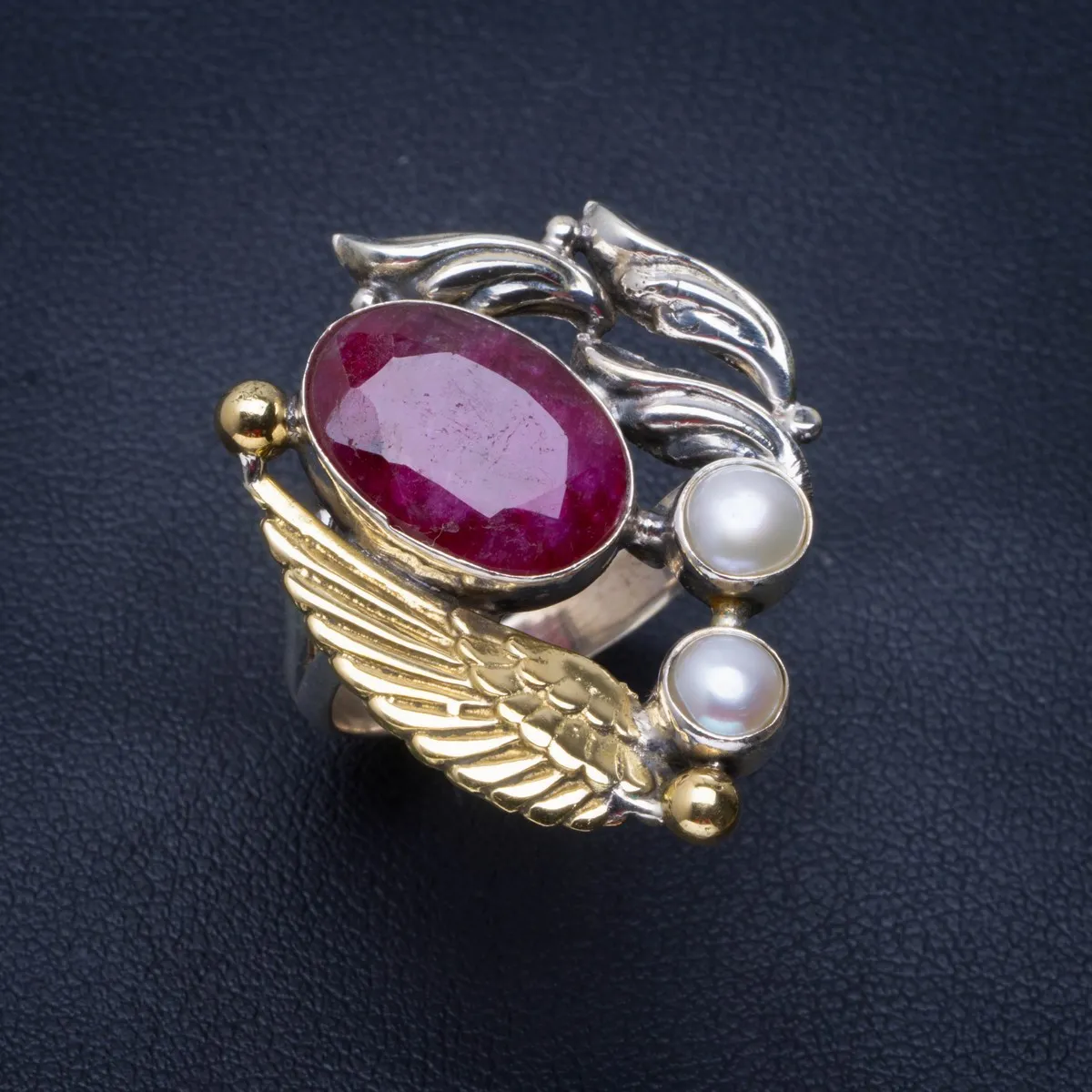 

Natural Cherry Ruby And River Pearl Handmade Unique 925 Sterling Silver Ring 8.25 B1400