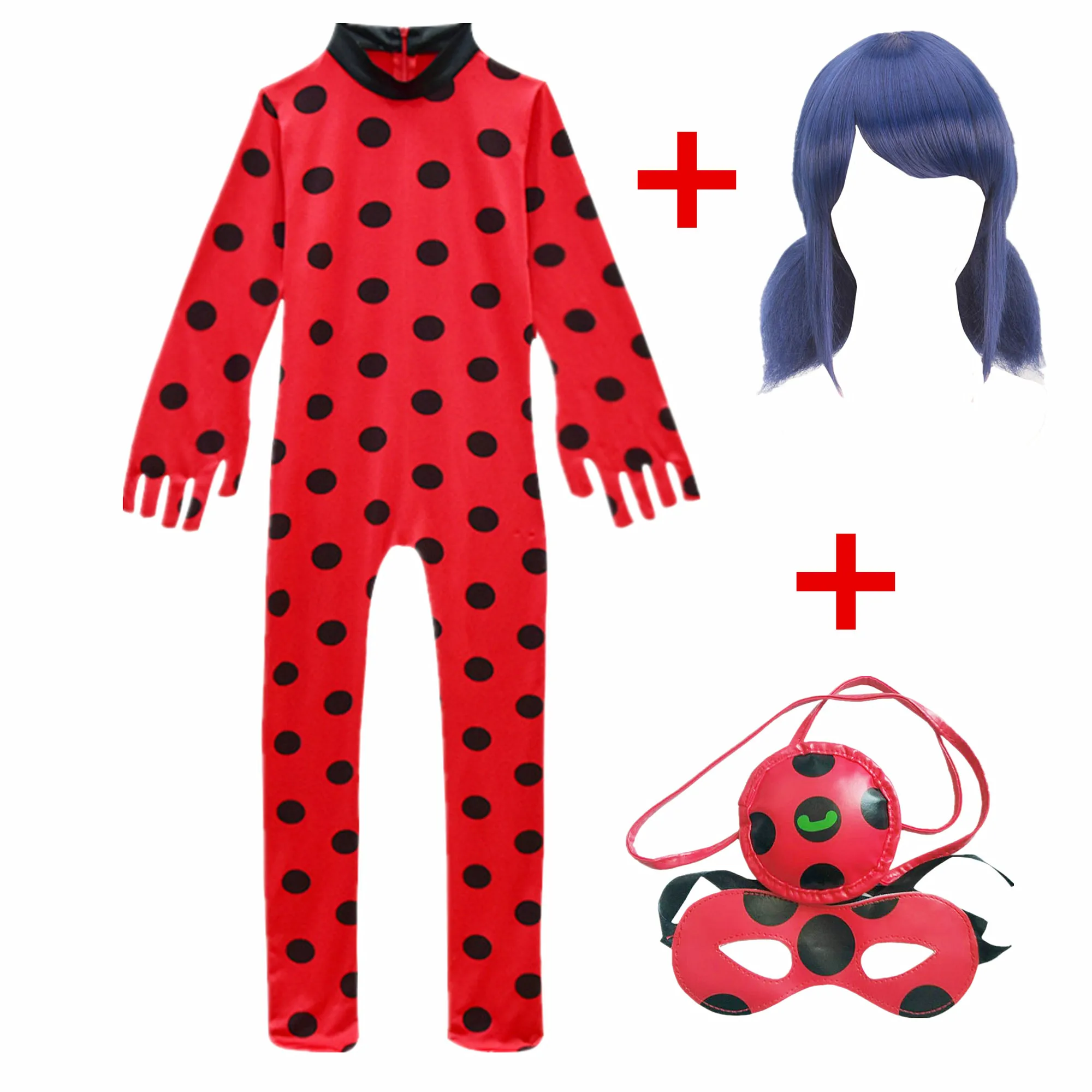 

3-10YFantasia Spandex Lady Bug with Bag Wig Eye Mask Cosplay Costume Adult Children LadyBug Halloween Costumes for Kids Girls