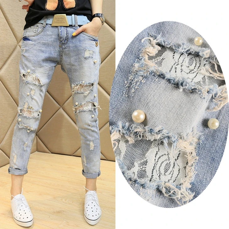 

Hole Jeans Woman's New Korean Style Light Blue Spring Summer Denim Pants Female Students Slim Lace Bead Hole Jeans Streetwear