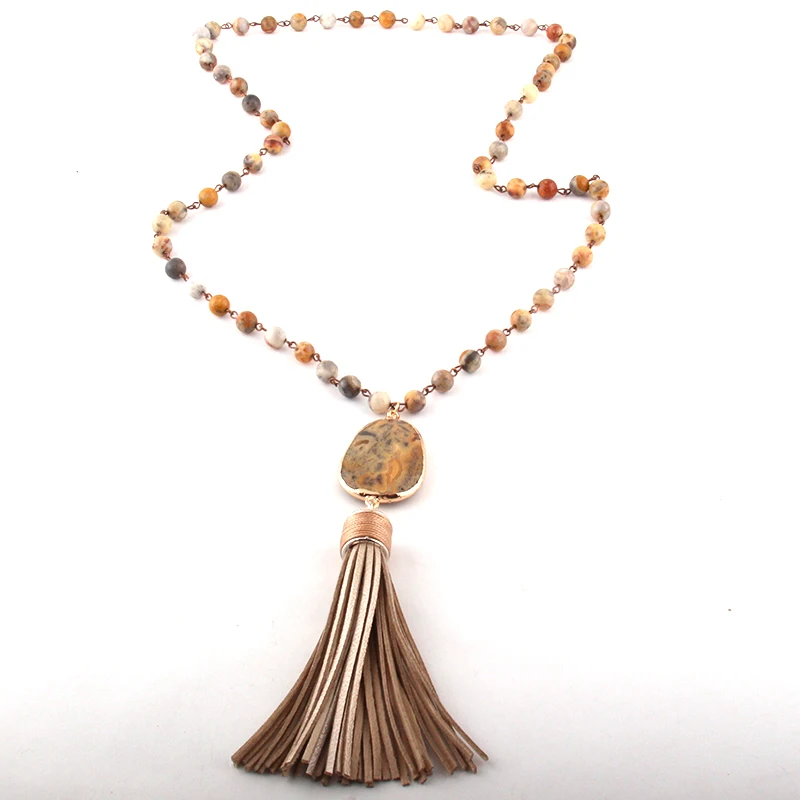 

Fashion Bohemian Tribal Jewelry Natural Semi Precious Rosary Chain Stone Link Druzy Tassel Pendant Necklace