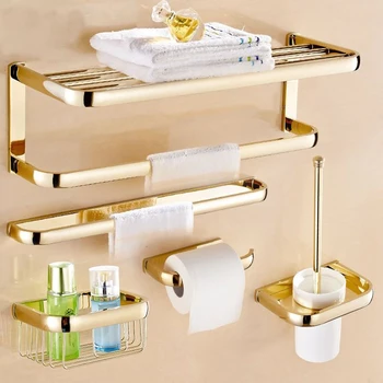 

Luxury Gold Brass Finish Bathroom Accessories Set,Paper Holder,Towel Bar,Soap Basket,Toilet Brush Holder,Bathroom Sets ZD1131