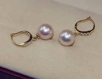 

free shipping pair of AAA10.-11mmsouth sea round whitepearl dangle earring 18k