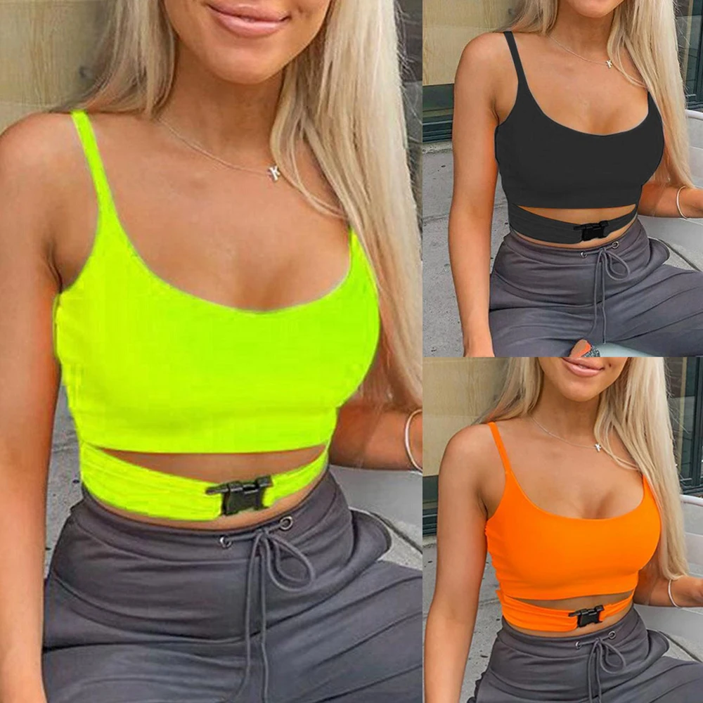 Sexy Solid Crop Top Women Fashion Spaghetti Strap Insert Buckle Short Fitness Casual Tank Tops Orange Black Clothes Tee Shirt