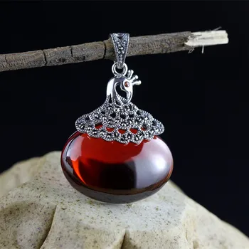 

Genuine Sterling Silver 925 Peacock Garnet Pendant For Women Vintage Thai Silver Ethnic Pendants Jewelry Making Pendulum