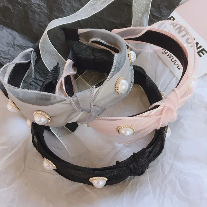 

2019 New Small fresh Hair Hoop Headband Hairband for Women Girls Handmade knot Pearls Bow Hair Band Hair Accessories FANSSEE