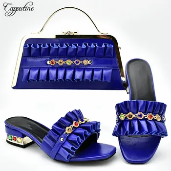 

Fashionable royal blue lady medium heel slipper with bag sets nice shoes and handbag 333-5 heel height 4cm