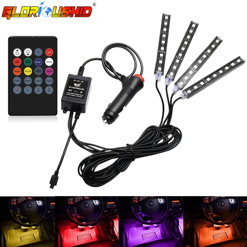 

4pcs RGB LED Strip Light Colors Car Styling Decorative Atmosphere Lamps Car Interior Ambient Light With Remote