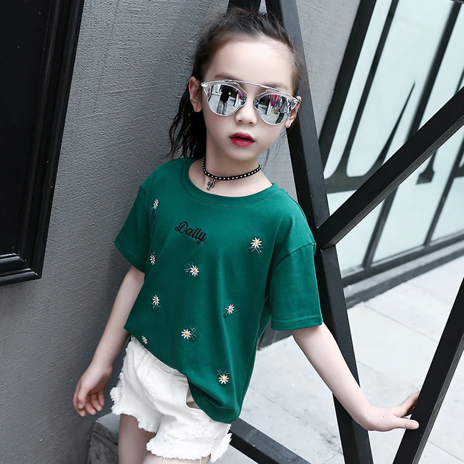 

T-Shirt For Girls Flower Embroidery Shirt Girl Letter Pattern Shirts Child Teenage Kids Clothes Girls Tee 6 8 10 12 13 14 Year