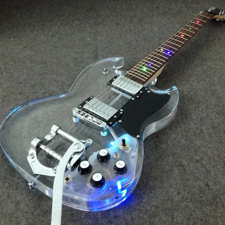 

Popular Crystal Led light electric guitar bigsby bridge colorfully led acrylic guitar Grover tuning