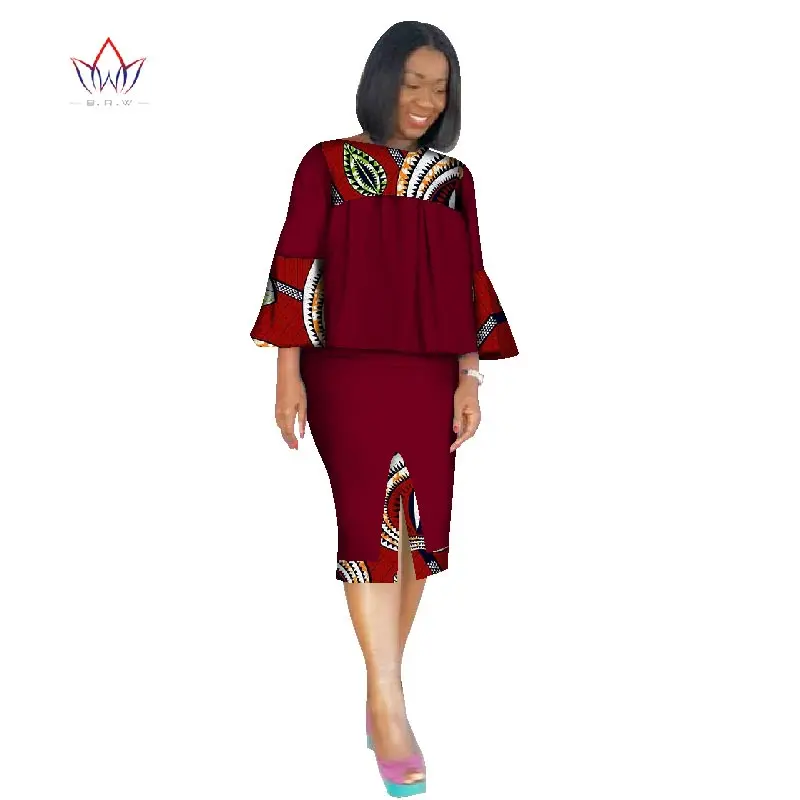 Африканская одежда для женщин Анкара комплект из двух предметов с длинными рукавами укороченные топы и юбка набор женщин Базен Riche африканская одежда 6XL WY2571 - Цвет: 1