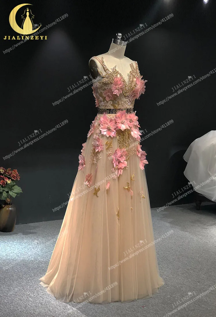 JIALINZEYI реальное изображение шампанское с розовым перо цветы Пол Длина Elie saab Формальные Вечерние платья для женщин