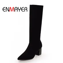 ENMAYER New Arrival Women Mid Calf Boots solid Pointed toe Square heel lady high heel boots Big size 34-43 Causal Black CR910 цена ENMAYER New Arrival Women Mid Calf Boots solid Pointed toe Square heel lady high heel boots Big size 34-43 Causal Black CR910 цены онлайн