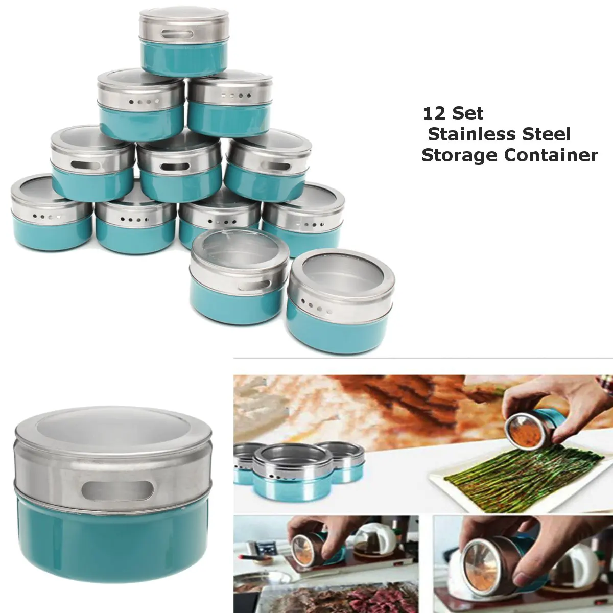 

12Pcs Magnetic Clear Lid Spice Jar Set Spice Tins Spice Storage Container Pepper Seasoning Sprays Tools Stainless Steel