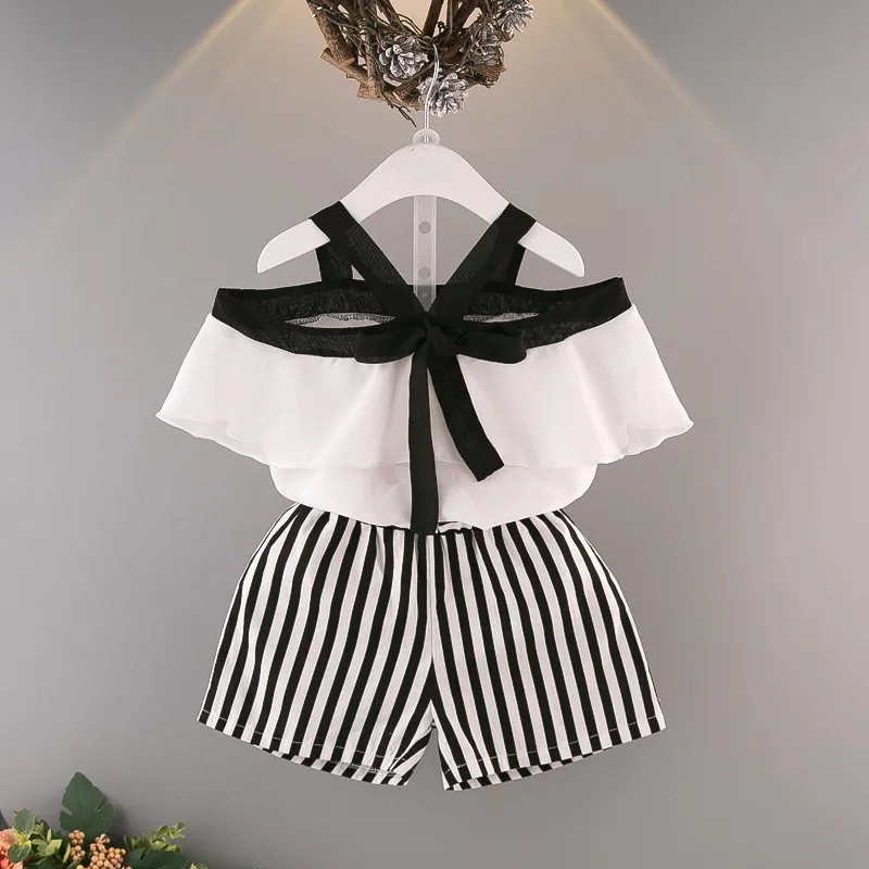 

Baby Girl Clothes Summer New Baby Girl Chiffon Shirt + Stripe Shorts Two Pieces Set Slash Neck Bow Tie White Shirts Girls Set