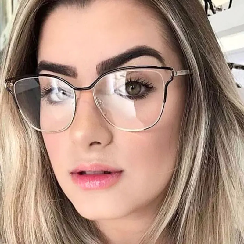 

2019 Fashion Transparent cat's eye glasses Metal Hollow Frame Women Spectacle Glasses Literary Style Optical EyeGlasses Frame
