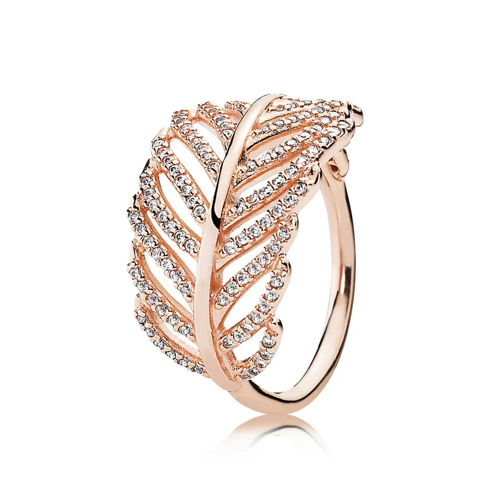 

NEW 100% 925 Sterling Silver Light As A Feather Ring Rose Gold & Clear CZ Fishion Charm Wedding Ring For Women Gift Jewelry