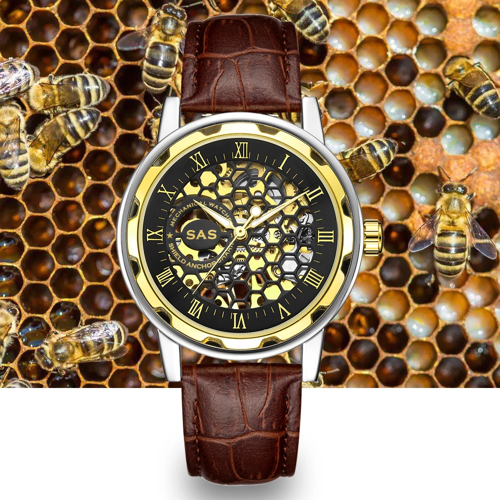 SAS Роскошные брендовые золотые часы с кожаным ремешком, женские механические часы с скелетом, женские наручные часы montre femme
