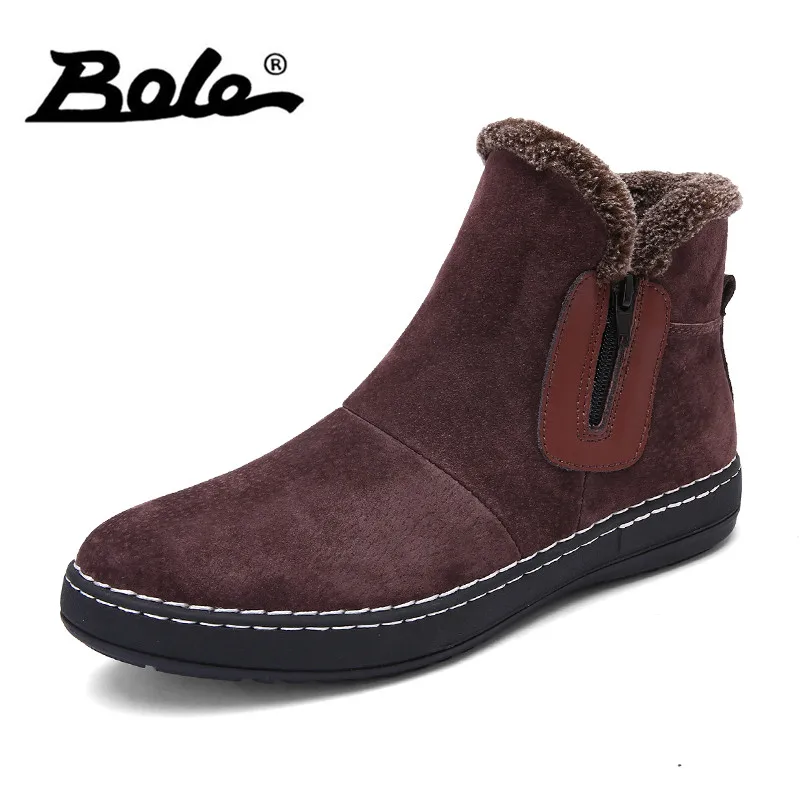 

BOLE Fashion Handmade Cow Suede Men Boots Winter New Slip on Keeping Warm Men Snow Boots Side Zipper Furry Flats Men Ankle Boots