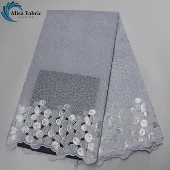 

Alisa white french sequins lace fabric embroidery with stones 5 yards/piece high quality african organza laces fabrics for dress