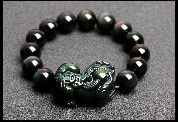 

16mm Natural Black Obsidian Bracelet Rainbow Light Gemstone Pi Xiu Pendant Round Beads Stretch Bracelets Man Women AAAAA