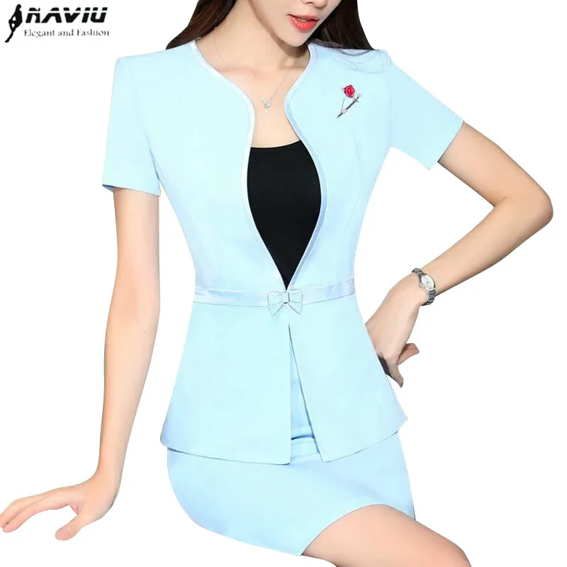 Summer fashion women sky blue skirt suit Elegant formal short sleeve