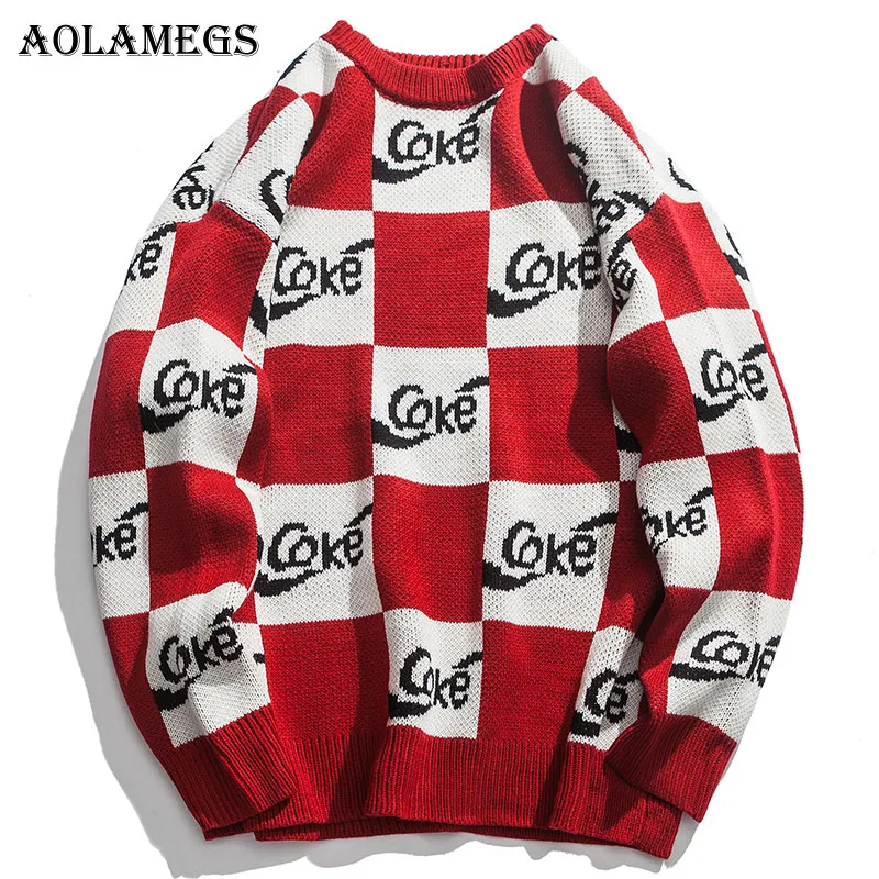 Aolamegs Sweater Men Plaid Letter Hit Color Mens Pullover