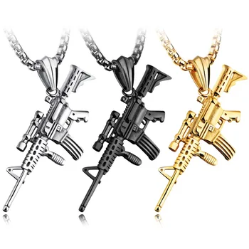

New Arrive Silver Color Gold Black Soldier Mens Unisex Machine Gun Shape Pendant Necklace Stainless Steel Chain Vintage Jewelry