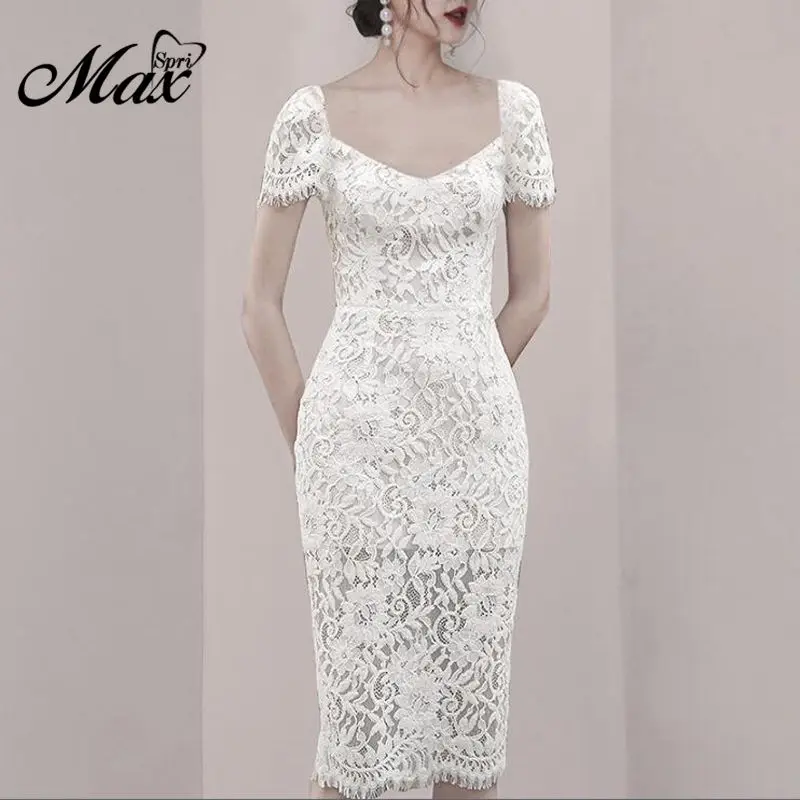 

Max Spri 2019 New Sexy Floral Lace Bodycon Midi Dress White Short Sleeves Summer Party Outfit Slit