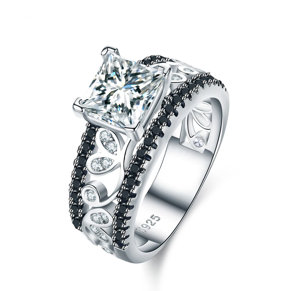 UFOORO sterling silver wedding ring Finger Beautiful Jewelry Romantic BLACK zircon Ring For girl gift C020 | Украшения и
