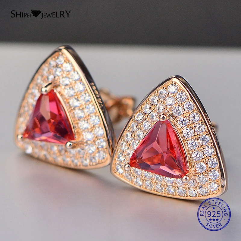 Shipei Sterling Silver Ruby Triangle Jewelry Set Rose Gold Stud Earrings Pendant Necklace Ring For Women Fine Jewelry