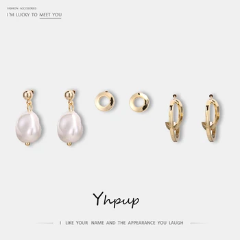 

Yhpup 3Pair/Set Trendy Copper Geometric Baroque Imitation Pearls Stud Earrings 14 k Oorbellen S925 Accessories for Girl Gift New