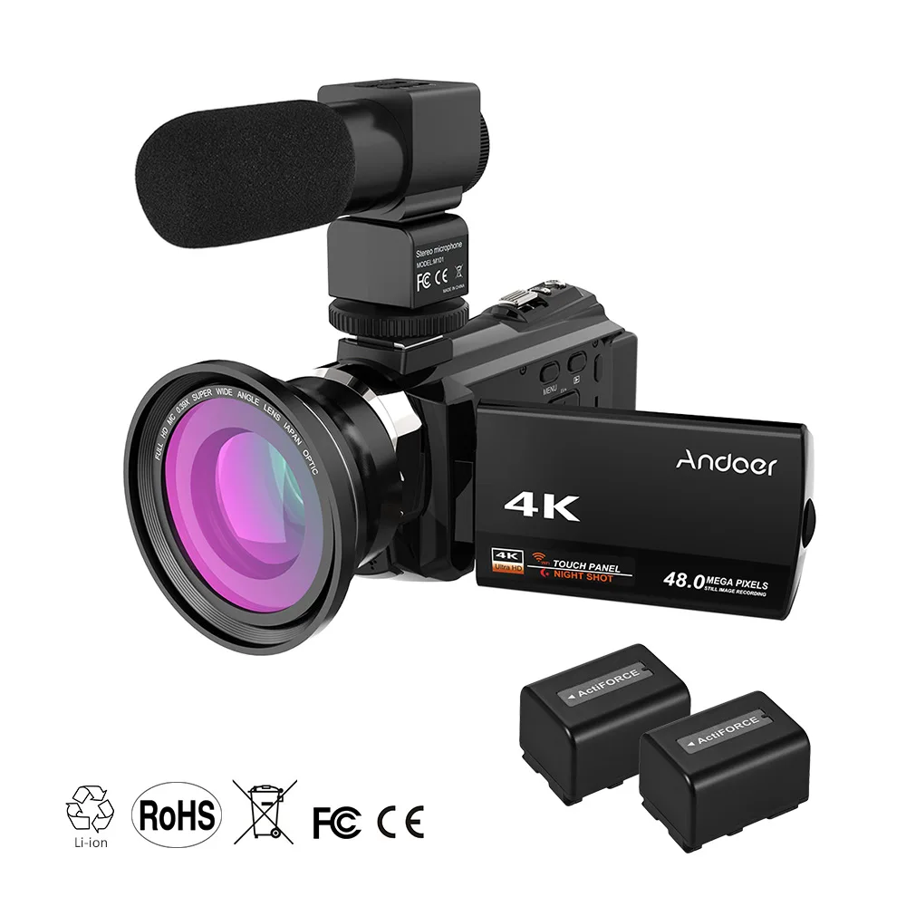 Andoer 4K 1080P 48MP WiFi Профессиональная цифровая видеокамера регистратор с 16X цифровым зумом 0.39X широкоугольный Макро - Цвет: black 2pcs batteries