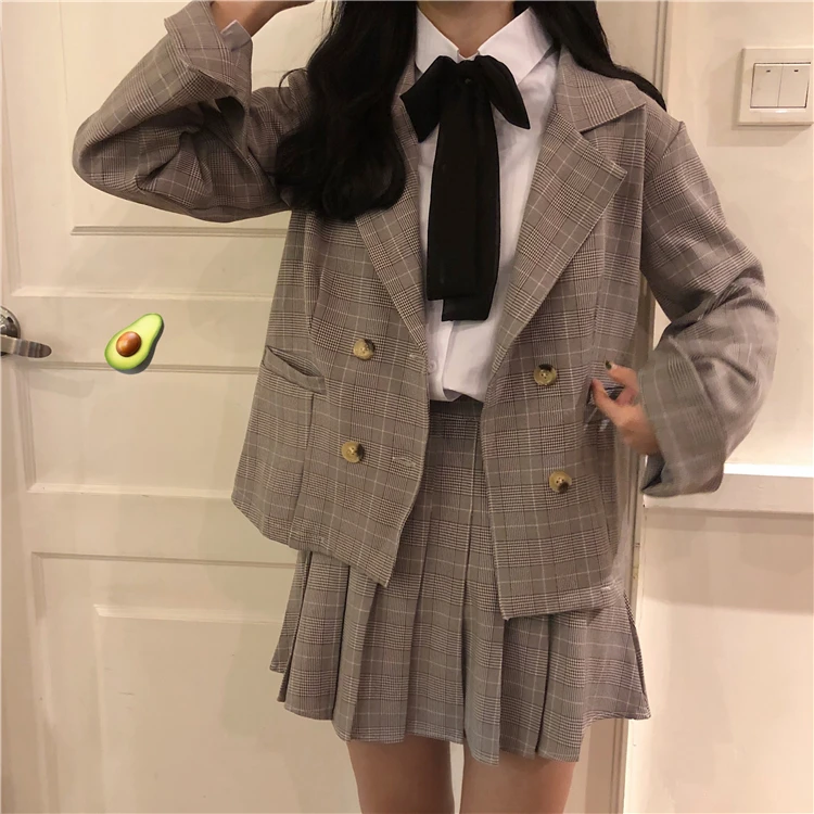 

MUMUZI preppy style plaid suit blazers and pleated skirt two-piece set college style outfits coats and skirt set