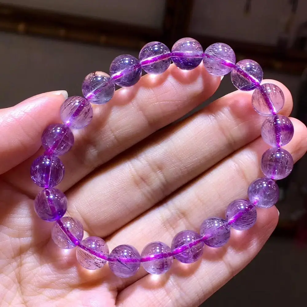 

Genuine Natural Super Seven 7 Purple Rutilated Quartz Crystal Round Beads Bracelet 9mm Women Men AAAAAA Certificate