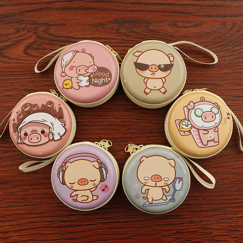 

12pc/lot cartoon cute Pig round tin iron box / mini pouch / key purse / metal case/steel box/coin storage bag/headset gift bag