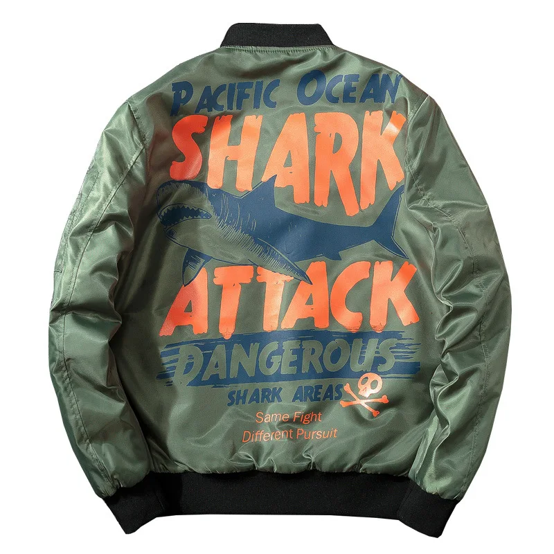 Winter Bomber Pilot Jacket Men Streetwear Anime Shark Print Baseball Jacket Women Hip Hop Couple Coat Fashion Hipster Autumn