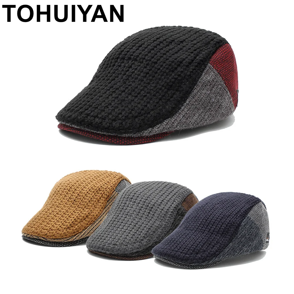 

TOHUIYAN Mens Knitted Wool Newsboy Hat Winter Warm Beret Cap Duckbill Visor Flat Cabbie Hats Gentleman Casual Boina Peaked Caps