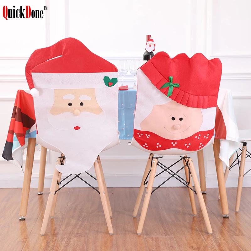

QuickDone Christmas Chair Back Cover Decoration For Home New Xmas Santa Claus Dinner Table Party Hat Printed Decorations AKC6268
