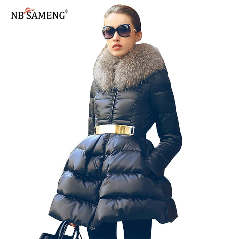 2018 Winter Warm Down Jacket Coat Luxury Fur Collar Tight Waist Long 