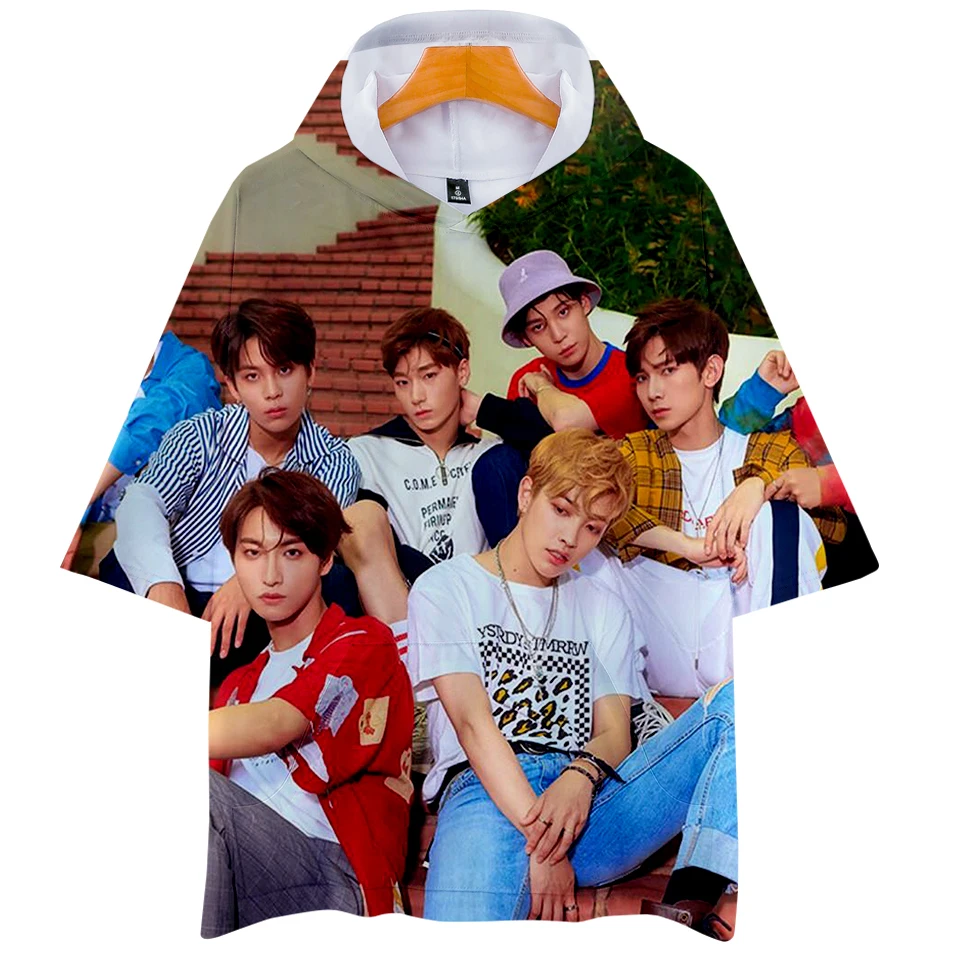 3D ATEEZ печати балахон подросток Z вентиляторы ATINY Популярные Лидер продаж Лето рубашка с короткими рукавами капюшоном Kpop плюс размеры 4XL