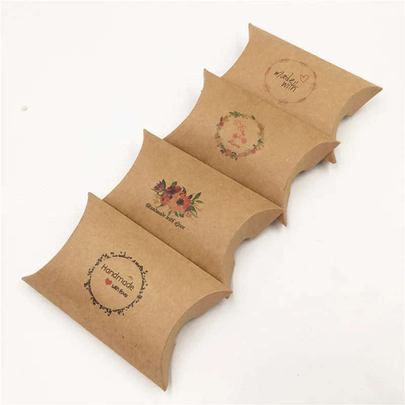 

5Pcs/Lot Pillow Box Small Size Printing 8x5.5x2cm Handmade With Love Kraft Paper Gift Present Box For Watch Candy Packaging Case