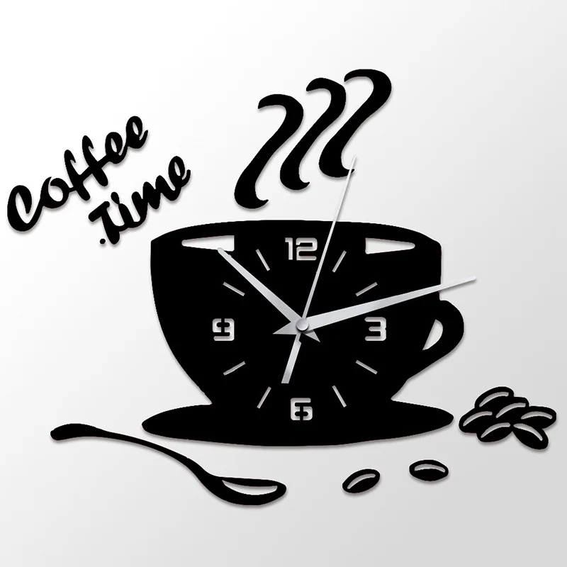 3D Diy Coffee Time Clock Acrylic Wall Clock Modern For Kitchen Home Decor Cup Shape Wall Sticker Hollow Numeral Clock - Цвет: Black