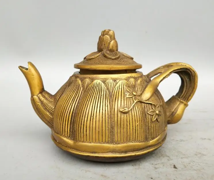 China collection archaize brass carving lotus teapot statuein Statues