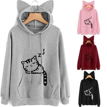 

2018 Fashion Women's Hoodie Pullover Cartoon Cat Printed Autumn Winter Warm Sweatshirt Hot Outwear Top Plain Soft Clothing